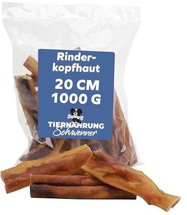 Tiernahrung Schwenner - Rinderkopfhaut für Hunde getrocknet – Dog Snacks – Hunde Zahnpflege – 1000g 20cm