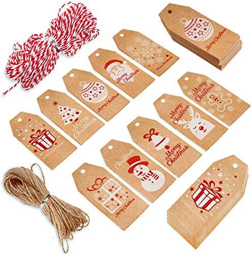 DERAYEE 100 Stück 10 Arten Weihnachten Geschenkanhänger Hängeetiketten mit 100 Fuß Farbschnur und 100 Fuß Naturjute (braun)
