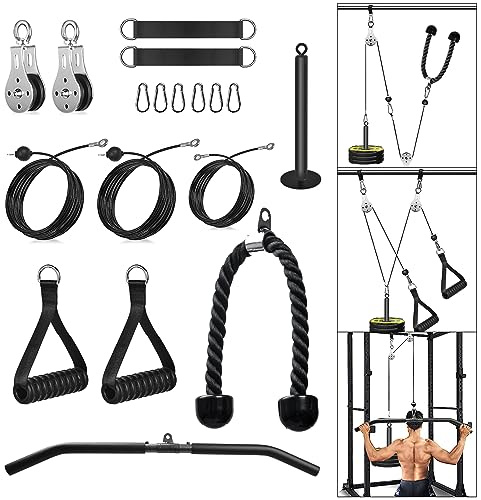 Kabelzug Fitness Kabel Latzug Fitness Bizeps Rücken Trainingsgerät Kabelzug Pulley System Latzug-Maschine Arm Krafttraining Home Gym Workout Equipment (Set mit Latzugstange, Trizepsseil, Griff)