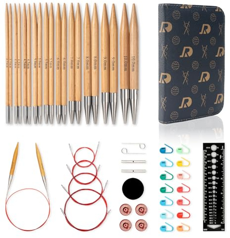 RUIDI Rundstricknadeln Set, Rundstricknadeln Set Austauschbar mit Tasche & Zubehör, 10 Paare Rundstricknadel-Set (12cm) in Größen von 3,5 mm bis 10 mm (Buchenholz)