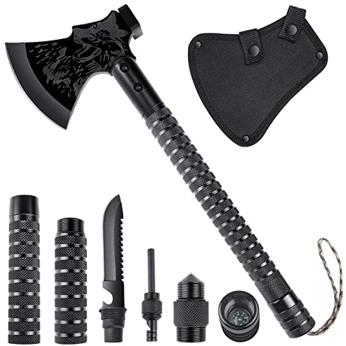 Japaknives Survival Axt 10 in 1, Spaltaxt für Holz, Schärfe Camping Beil, Multitool Campingäxte mit Outdoor Messer und Kompass，Handbeil mit Geschenkbox Schwarze äxte Set für Camping, Jagd, Garten