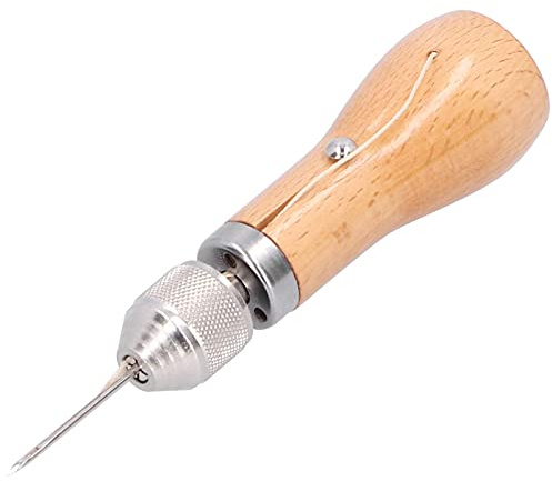 Nähahle Set mit Holzgriff, Leder Nähwerkzeug Kit, Rundklinge Vorstecher mit gerader & gebogener Nadel und Nähfaden, Tragbares DIY Handnähset für Schuh Gürtel Tasche Lederreparatur