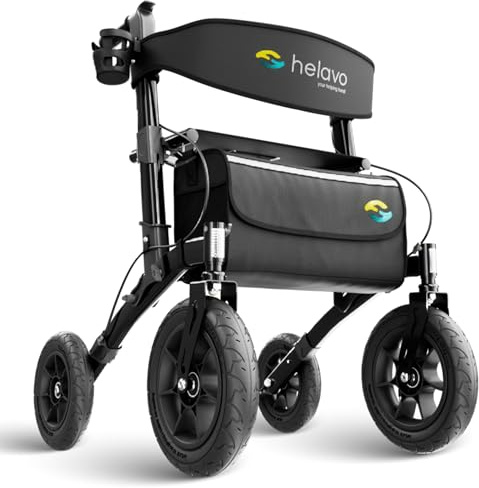 Helavo Outdoor-Rollator mit Luftbereifung - Faltbarer Rollator für Draußen | 12 Luftreifen für maximalen Komfort - Mit Sitz & Rückenlehne - Nur 9,5 kg leicht - Perfekt für Waldwege, Gras & Strand