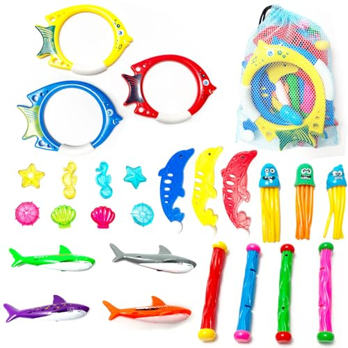 Famiredo 25-teiliges Tauchspielzeug-Set mit Tauchstab, Haifisch, Tauchringen, Edelsteinen, Delfin und Unterwasser-Schwimmbadspielzeug für Tauchspiele – inklusive Aufbewahrungsnetz