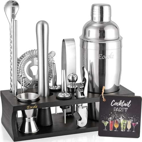 Cocktail Shaker Set mit Bambus Ständer & Rezeptbuch, Edelstahl 750ml Bar Cocktailset Cocktailshaker mit Bar Zubehör Werkzeug,17 Stück Cocktail Mix Set für Barkeeper Geschenk Frauen (Schwarz Silber)