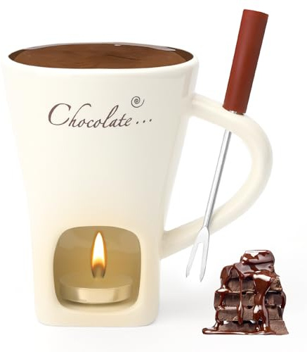 Schokofondue Tasse Keramik 130ML Schoko Fondue Cup mit Teelichthalter und Gabeln Schokoladenfondue Schokolade Fondueset Chocolate Fondue Set Schokoladenschmelztopf für Schokolade Käse Butter Karamell