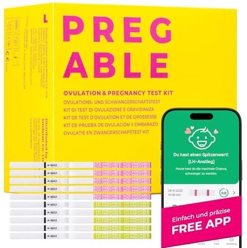 PREGABLE Pregable Combo Kit mit 50 Ovulationstests und 20 Schwangerschaftstests, kostenlose Tracker-App, App, OPKs, HPTs (50LH + 20HCG)