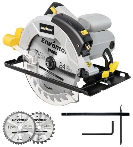 Kreissäge, ENVENTOR 1200W Handkreissäge mit führungsschiene, (Sägeblatt-Ø: 185mm, inkl. 2x Kreissägeblatt (24T+40T), 5800RPM, mit Laserführung, für Holz, Weichmetall, Fliesen