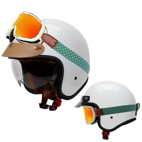 QJWMatic Retro Motorradhelm Jethelm Halbhelme Mit Visier Vintage Halbschalenhelm Cruiser Moped Roller Scooter Helm Für Erwachsene Damen Herren ECE-Zertifizierter I,M55-56CM