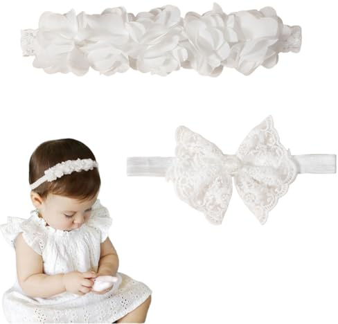 COYUN 2pcs Baby Mädchen Stirnbänder Weiß Dehnbare Stirnband DoppelspitzeSpitzebowknot-Haarband Weich Baby Hairband Nylon Neugeboren Haarschmuck,Für Mädchen mit einem Kopfumfang von 37–48 cm(B)