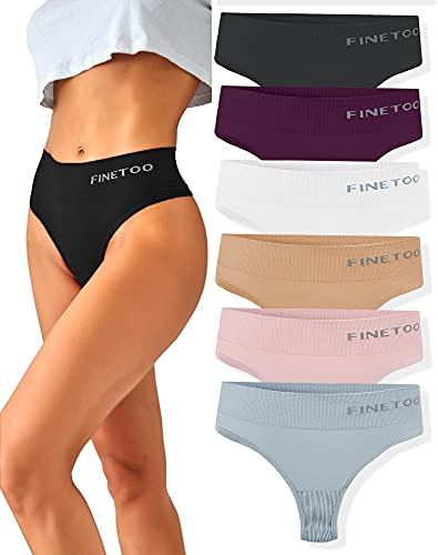 FINETOO 6er-Pack String Tangas Damen Bauchkontrolle Strings Set Atmungsaktiv Thong Frauen Unterhosen Hoher Taille Unterwäsche Weich Panties Mehrpack S-XL