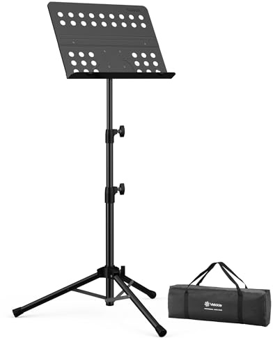 Vekkia Notenständer – Professioneller Notenständer klappbar stabil aus Metall mit perforierter Notenablage, höhenverstellbar und faltbar, inkl. Tragetasche, ideal für Bandauftritte und Proben