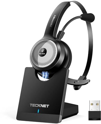 TECKNET Bluetooth PC Headset mit Mikrofon & USB Dongle [45 Std Anrufzeit & 10M Reichweite] kabelloses Headset mit Ladestation, Wireless Headset mit AI Rauschunterdrückung für Business,Büro,HomeOffice