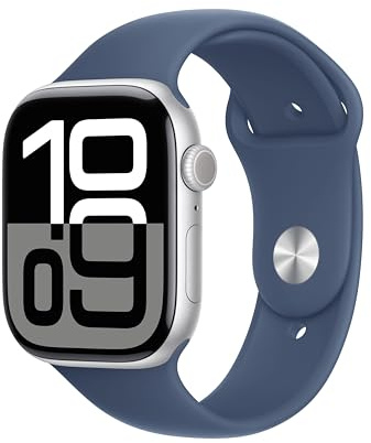 Apple Watch Series 10 (GPS 46 mm) Smartwatch mit Aluminiumgehäuse in Silber und Sportarmband in Denim (M/L). Fitnesstracker, EKG App, Always-On Retina Display, Wasserschutz
