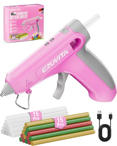 EZUVITA Akku Heißklebepistole Rosa, kabellos 4V mit USB-C, 2600mAh, 30-45 Sek. Aufheizen, tropffrei, automatische Abschaltung, inkl. 30 Klebesticks