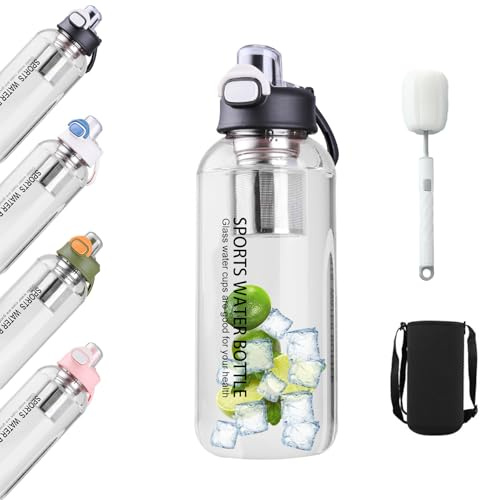 Trinkflasche Glas 1,5 L,Glasflasche mit strohhalm Filter&Bürste,Transparent Borosilicate GlasWasserflasche, Auslaufsichere Sportflasche für Fitness,Wandern,Camping,Schule&Büro-spülmaschinenfest(Black)