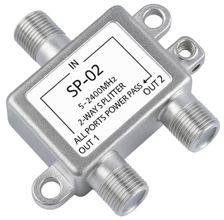 2-Fach SAT Splitter, Koaxial Verteiler, Sat Splitter, Antennenverteiler SAT Verteilerfür Satelliten und Kabelanlagen, TV Signalverteilung Stromversorgung, 5-2400 MHz, 2 Receiver Gleichzeitig Betreiben