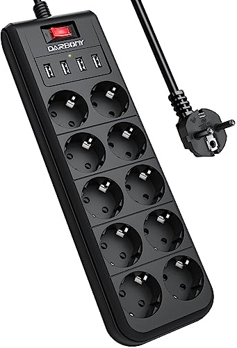 Steckdosenleiste 10-fach mit 4 USB Mehrfachsteckdose mit Schalter 4000W 16A | Power Strip Überspannungsschutz Verteilersteckdose Wandmontage Steckdose Steckerleiste 2m Kabel Schwarz für Zuhause Büro