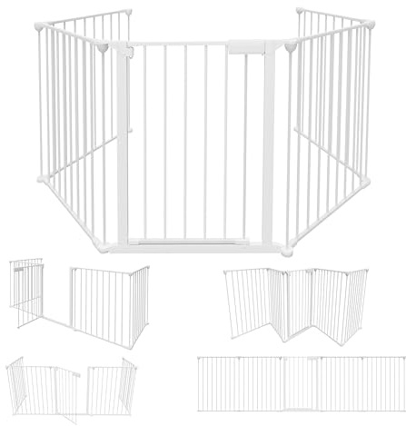 Ikodm Kaminschutzgitter mit Tür 310cm Metall Ofenschutzgitter Laufgitter Laufstall Absperrgitter Tierschutzgitter Türschutzgitter für Kinder-Sicherung, 5-teilig (je 65 x 75 cm) Schwarz