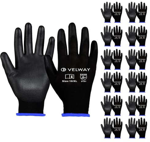 Velway 12 Paar Arbeitshandschuhe Mechaniker Handschuhe - Größe 10 Leichte Damen Gartenhandschuhe Rutschfeste mit PU-Beschichtete Herren Montagehandschuhe Atmungsaktive Handschuhe EN388 - Schwarz