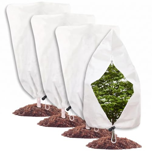 4 Stück Winterschutz Pflanzen Außen 60cm x 80cm Pflanzenschutz Winter | 70g/m² Atmungsaktive Vlies Frostschutz Pflanzen mit Reißverschluss & Kordelzug für Kübelpflanzen Olivenbäume Palmen