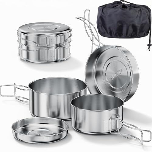Bestargot Camping Kochgeschirr Edelstahl Topfset, Camping Kochtopf Outdoor Topf (900ml + 600ml), 4-teiliges Camping Topf für Gaskocher und Campingkocher