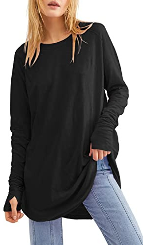 Ebifin Damen Langarmshirt Oversize Longshirt mit Daumenloch | Pullover,Tunika,Langarm,Loose Fit,Casual,Basic,Lang,Top,Longsleeve,Longpulli,Sweatshirt,Oberteil