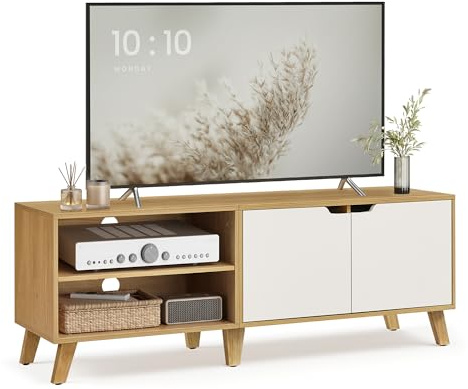 VASAGLE TV-Schrank, 140 cm lang, für Fernseher bis zu 65 Zoll, mit 2 Türen | TV-Regal, verstellbare Ablagen, für Wohnzimmer, Esszimmer, Schlafzimmer, Natürliche Eiche, MIRANTA Kollektion LTV027N01
