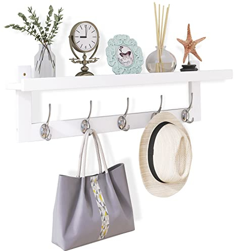 SMIBUY Kleiderhaken mit Regal Wandmontage, 74 cm Eingangsbereich Garderobe für Wand, Bambus-Hängeregal mit 5 Doppel-Metallhaken für Badezimmer, Schlafzimmer, Küche, Wohnzimmer, Mudroom (Weiß)