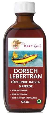Rosi's Barf-Glück Premium Dorschlebertran für Hunde Katzen & Pferde 500ml – 100% Natürliches Fischöl mit Omega-3-Fettsäuren & Vitaminen – Lebertran Hund perfekt fürs Barf – Lebertran für Tiere