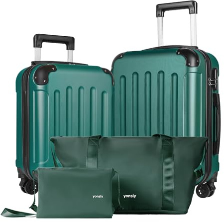YONSLY Reisekoffer Set 4-teilig, Trolley Kofferset mit 1 Reisetasche, 1 Kulturbeutel, Rollkoffer Handgepäck mit 4 Rollen, Hartschalen, Größe M mit Zahlenschloss, Gummigriff (S, M, Dunkelgrün)