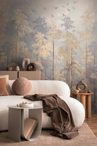 Livingwalls Wald-Tapete by COSMOPOLITAN – Beige, Blau, Gelb – 8,80 x 0,53 m | Natürliches Wald-Motiv als natürlicher Blickfang – matte Motivtapete, einfach zu verkleben & spurlos abziehbar