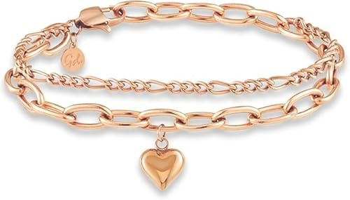 GD GOOD.designs Armband Herz für Damen Rosegold - Mehrreihiges Charms Armband in 18K rosévergoldet | Roségoldenes verstellbares Herz Charm Armkette (14,5cm - 19,5cm) - Figaro Kette, Panzerkette