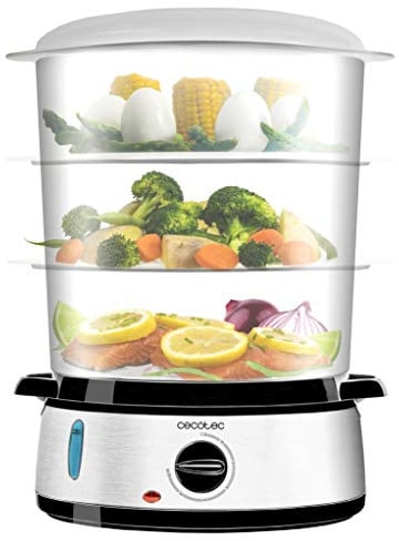 Cecotec Elektrischer Dampfgarer Vapovita 3000 Inox, 3 Unabhängige Behälter, Reisschale, 60 Min Timer, 2 seitliche Wassereinlässe, Grau, 800W, BPA-frei, Spülmaschinengeeignet, Edelstahl, 9L Kapazität