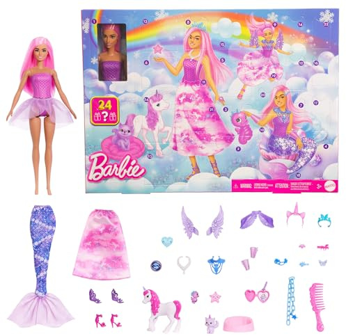 Barbie-Adventskalender mit Puppe und 24 Überraschungs-Accessoires mit Einhorn und Tieren, die Modepuppe kann in eine Meerjungfrau, Fee und mehr verwandelt Werden, JFL66