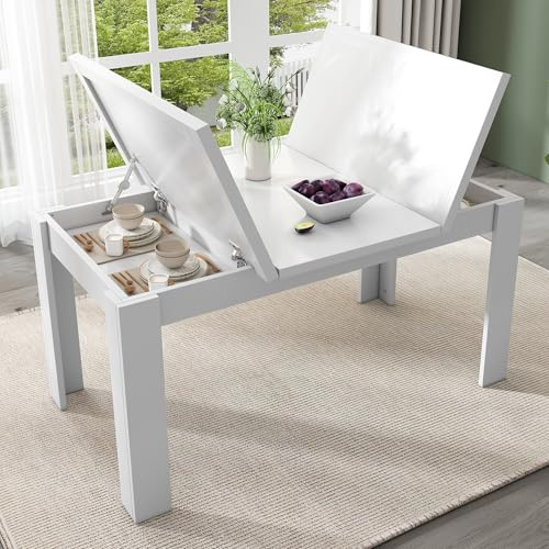 Merax Esstisch 120x70 cm mit verstecktem Stauraum, moderner rechteckiger Küchentisch, platzsparend, multifunktional als Schreibtisch oder Kaffeetisch, weiß