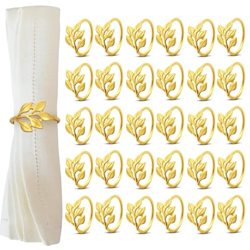 Chumix 30 Stück Serviettenringe Gold mit Blätterdesign für Weihnachten | Luxuriöse Esstischdekoration für Weihnachten, Thanksgiving, Hochzeit, Party. Ideal für Familienfeiern und festliche Anlässe
