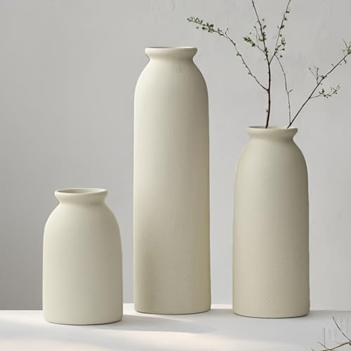 25 cm, Keramik Vasen Set 3er, Kleine Blumenvasen für Dekor, Orange, Gelb, Weiß (Beige)