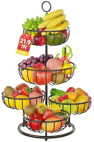 PouHenier.jh 5 Etagen Schwarz Obstkorb Obstschale, Groß Mehrstöckig Küche Gemüsekorb, Hoch Metall Obst Gemüse Etagere Aufbewahrung Obstregal, Modern Stabiles Eckig Obstbehälter, Einfache Einrichtung