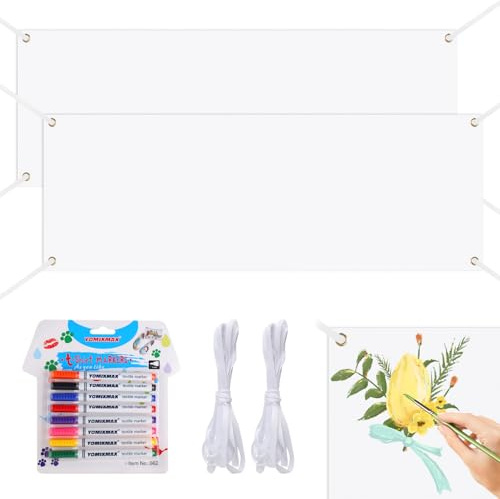 2 Stück Große Leere Banner Selbst Gestalten, 180×60cm Weiß Plakat | Plakat Selbst Gestalten mit 8-Farbigen Textilstiften und 6m Aufhängeseil, Leinwand zum Bemalen für Geburtstags und Partys