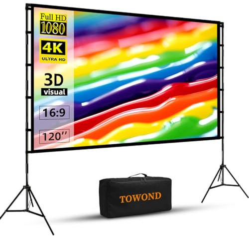 TOWOND Projektor-Leinwand und Ständer, 120 Zoll tragbare Projektionsleinwand für drinnen und draußen, 16:9, 4K HD, faltenfrei, leichte Filmleinwand mit Tragetasche für Hinterhof-Filmabend