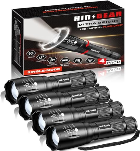 HinsGEAR 1 Modus Taschenlampe Extrem Hell 4 Stück, Aluminium 2000 Lumen LED Taschenlampe Batteriebetrieben, IP65 Wasserdichte Handlampe Zoombar für Camping, Wandern, Outdoor, Notfall, Geschenk