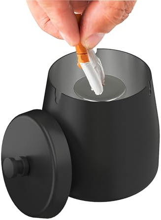 AwmnSrman Aschenbecher Mit Deckel für Draussen - Schwarz Edelstahl Windproof Abnehmbarer für Einfache Reinigung - Rutschfester Esstisch Φ9 x H9 cm