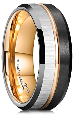 King Will Loop Wolframkarbid Ring für Männer Frauen Zentrum Rose Gold Groove Hochzeit Bands Oberfläche Silber Querstreifen gebürstet Finish und schwarz matt Rose Gold Comfort Fit 8