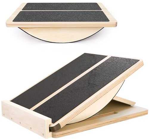 MUCITAGF Professionelles 2-in-1 Holz-Schrägbrett & Balance Board Verstellbares Neigungsbrett und Wadendehner, Physiotherapieausrüstung, Stehpult, Wippbrett, Rumpftraining, Anti-Rutsch-Roller