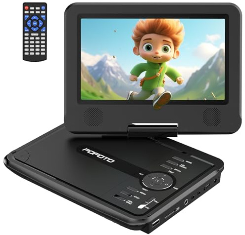 POFOTO 9,5 Tragbarer DVD Player mit 7,5 HD-Schwenkbaren Bildschirm, 4-6 Stunden Akkulaufzeit, DVD Player Auto mit Dual-Lautsprechern, Autoladegerät, Netzteil, Sync TV/USB/SD-Karte (Schwarz)