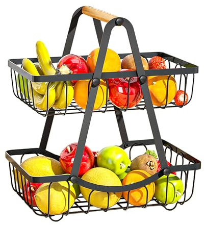 BACKTOUR 2 Stöckig Obstkorb Etagere, Obstschale Metall Schwarz mit Holzgriff, 2 Etagen Obstschale Moderne für Obst, Gemüse, Snacks, Brot, Küche, Eckregal Stehend Aufbewahrung Küche