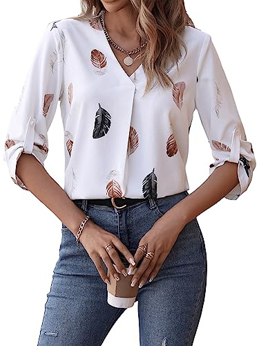 GORGLITTER Elegante Bluse Damen V Ausschnitt Bluse Blusenshirt 3/4 Arm Elegant Bluse Mit Knöpfen Dreiviertelarm Oberteil Mit Federn