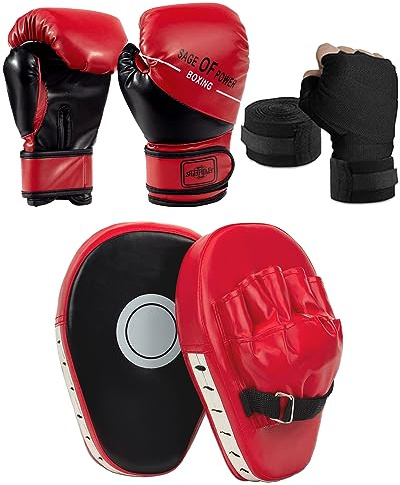 Mamxwaga 6 oz Kinder Boxhandschuhe und Box Pratzen Set, PU Handpratzen Boxpratzen Boxpads Mitts mit Boxbandage, Schlagpolster für Junior Kampfsport Kickboxen Muay Thai Kick Boxen Training