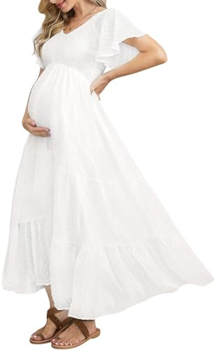 Gepunktetes Smockkleid für schwangere Frauen, geeignet für Babyparty, Fotoshooting, fließend, Freizeit, mit V-Ausschnitt, Rüschenärmeln, Empire-Taille und Stufenrock